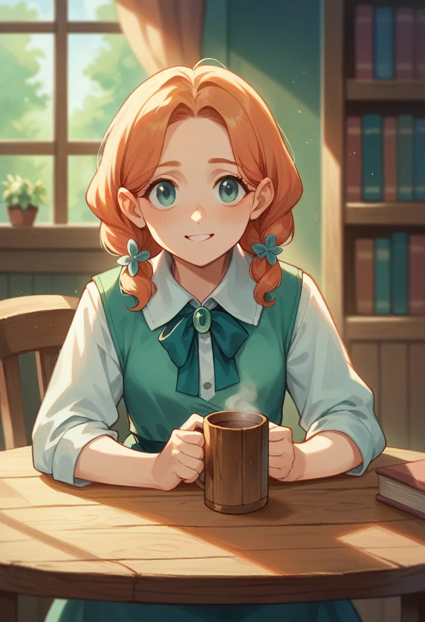 A cup of elixir on a wooden table, blurry background with a bookshelf, magical sprinkles coming out of the cup, and sunlight coming from the window to the table 