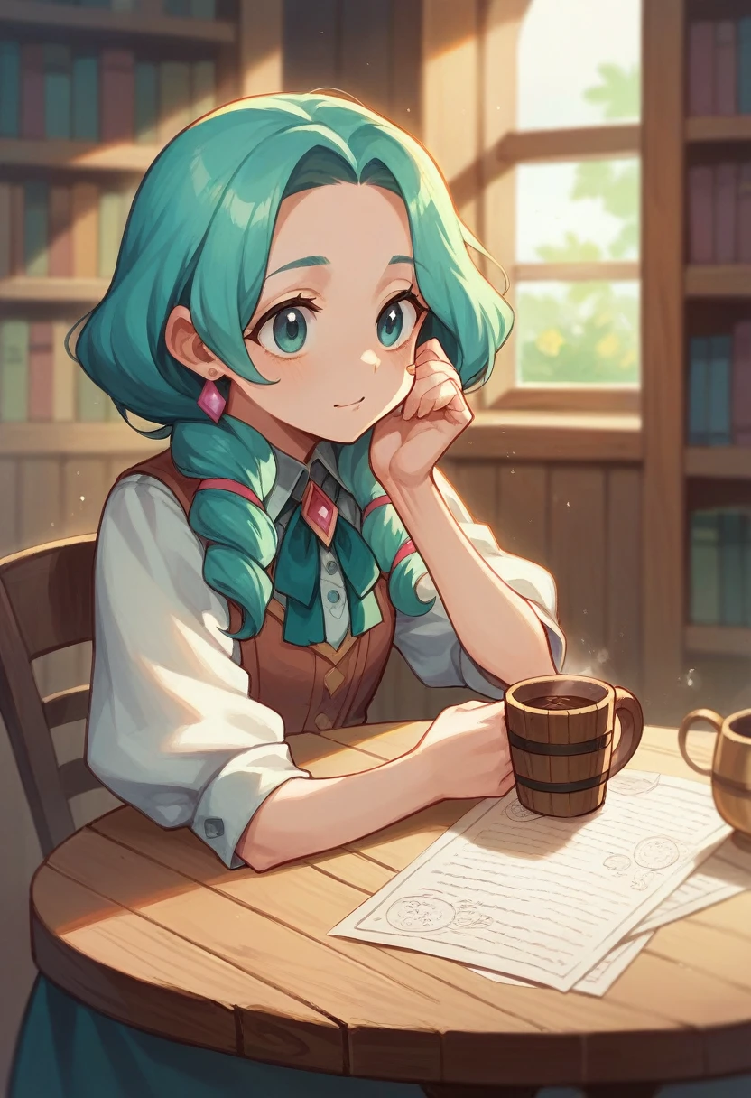 A cup of elixir on a wooden table, blurry background with a bookshelf, magical sprinkles coming out of the cup, and sunlight coming from the window to the table