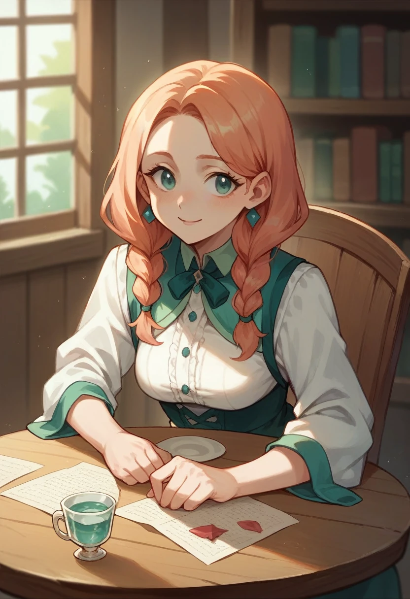 A cup of elixir on a wooden table, blurry background with a bookshelf, magical sprinkles coming out of the cup, and sunlight coming from the window to the table
