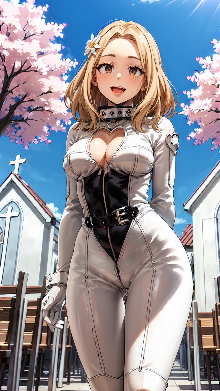 Masterpiece ,best quality , high resolution , (1 girl solo:1.38) , (camie, long hair, brown hair, brown eyes , lipstick , eyeliner) , (cleavage:1.2) , (medium breast:1.28) , ((shiny white bodysuit:1.5), (heart-shaped chest cutout:1.4), (long sleeves:1.3), (white gloves:1.2), (white knee-high boots:1.4), (belt:1.2), (heart accessories:1.3), (dramatic makeup:1.3), (very tight-fitting bodysuit:1.5), (glossy stretchy fabric:1.3), ) , (cleavage:1.15) , (big breast:1.1) , (face view , cowboy_shot) , (hands behind back , arms behind back( , (tilted head , smiling , open mouth) , (outdoor , church , tree , flower , sky)