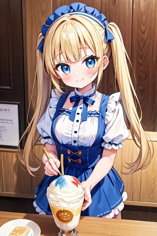 Blonde with blue eyes、Lolita、Small breasts、Twin tails、Girl Brat,Eating a large shaved ice,smile,