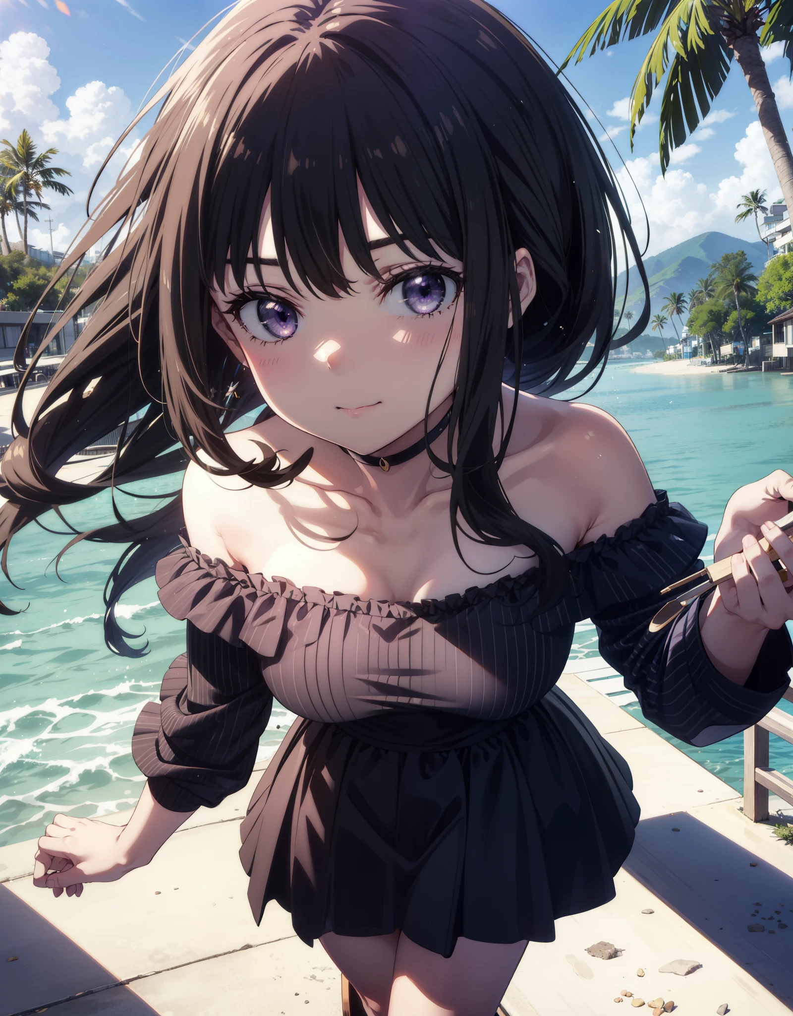 Takiuchikami, Long Hair, bangs, Black Hair, (Purple eyes:1.2),Blue off-shoulder dress,Long skirt,Heeled Sandals,Daytime,sunny,Palm tree,Walking,smile,Shut your mouth.,blush,whole bodyがイラストに入るように,
break outdoors, tropical,Coastal Road,
break looking at viewer, whole body,
break (masterpiece:1.2), Highest quality, High resolution, unity 8k wallpaper, (shape:0.8), (Beautiful attention to detail:1.6), Highly detailed face, Perfect lighting, Extremely detailed CG, (Perfect hands, Perfect Anatomy),