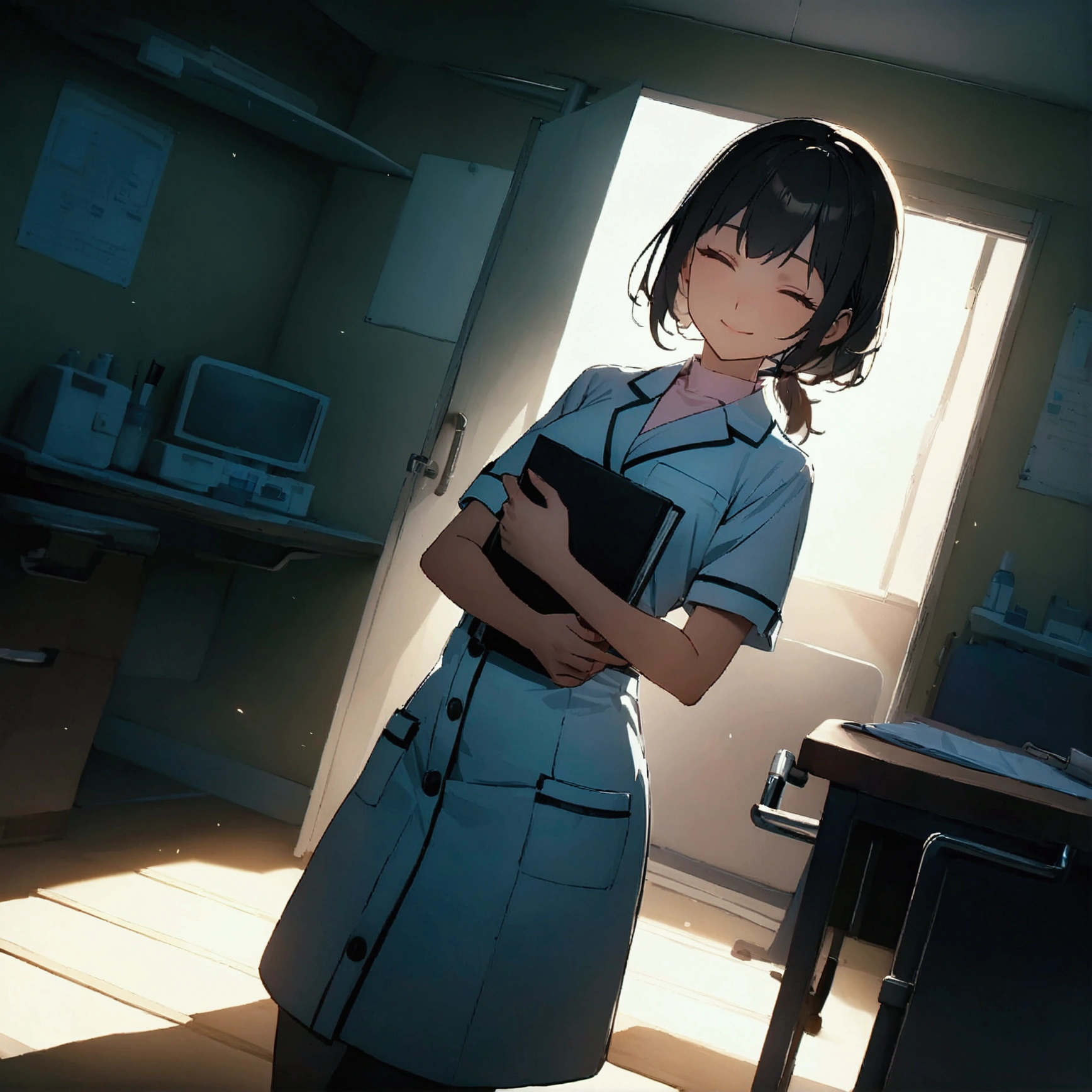 Masterpiece:1.2,Highest quality,8k,official art,examination room,day,1girl,japanese,teenager,nurse,standing,holding files,low ponytail,short hair,smile,mouth closed,cinematic lighting,looking at viewer, dynamic angle,1girl,middle aged woman,doctor,sitting,on chair,