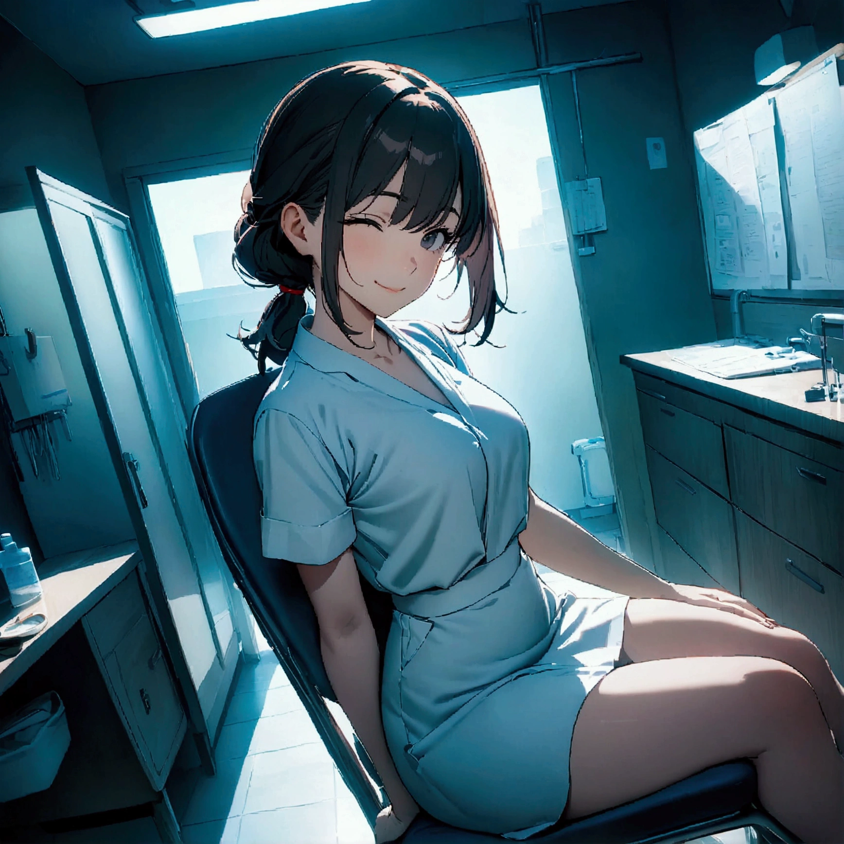 Masterpiece:1.2,Highest quality,8k,official art,examination room,day,1girl,japanese,teenager,nurse,standing,holding files,low ponytail,short hair,smile,mouth closed,cinematic lighting,looking at viewer, dynamic angle,1girl,middle aged woman,doctor,sitting,on chair,