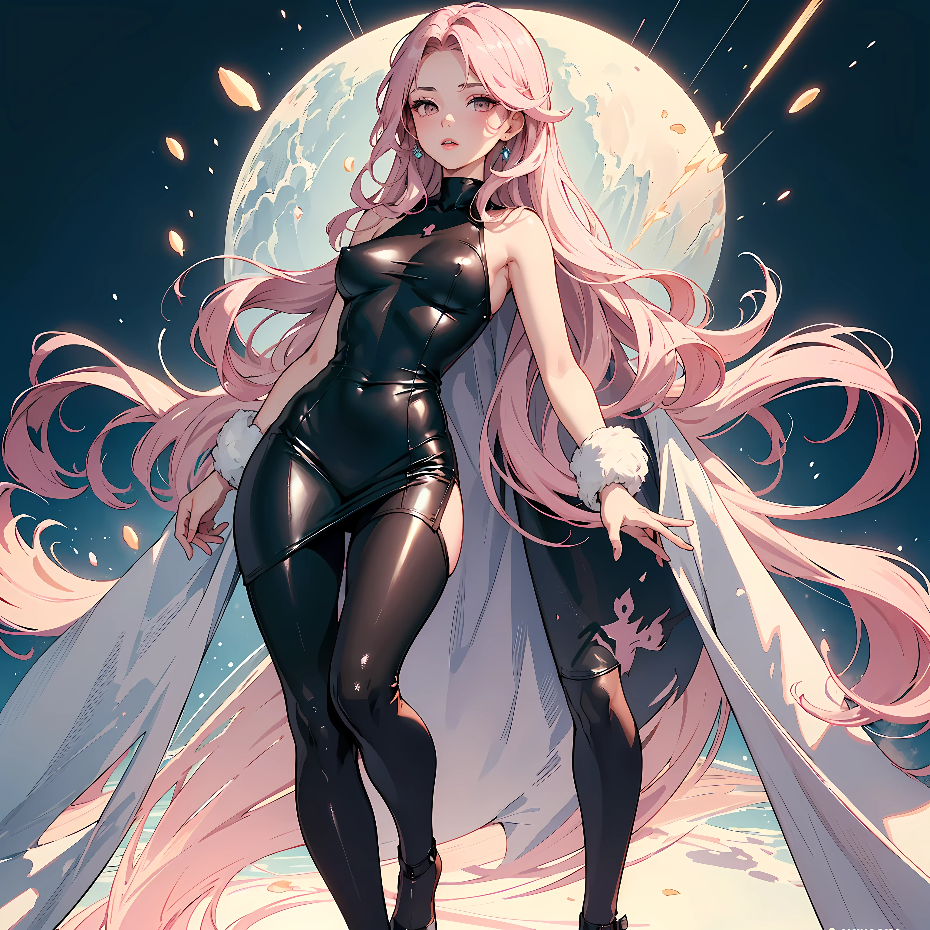 (1girl, full body, standing, seductive pose, masterpiece, Super exquisite illustrations, best quality, light particles, Super detailed, 8k wallpaper,), ((breasts type: , Small breasts, often with a proportionally small areola and nipple)), (wearing (Faux leather shift dress)), (Winter theme, inside), Eyes: Large, almond-shaped, dark brown, Nose: Small and straight, Lips: Medium, natural pink, Hair: Long, straight, black, Skin Tone: Fair with a neutral undertone, Eyebrows: Thin and gently arched, Cheekbones: Soft and rounded, Chin: Rounded, Ears: Small and close to the head, Expression: Serene and graceful
