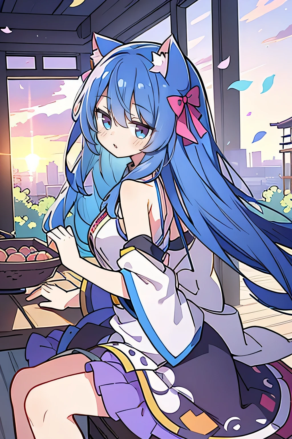 (masterpiece:1.2),Super detailed,lifelike,Expressive eyes,fair skin,perfect face shape,1 girl,
Japanese comics,Gorgeous blue hair,flowing blue hair,flowing clothes,Cat ears,Petals fall,beautiful lola,Baby Angel,
Shaking head with one hand,Cross your legs,,The pavilion is cool and comfortable,smile,back views,sunrise,Petals fall,sunrise