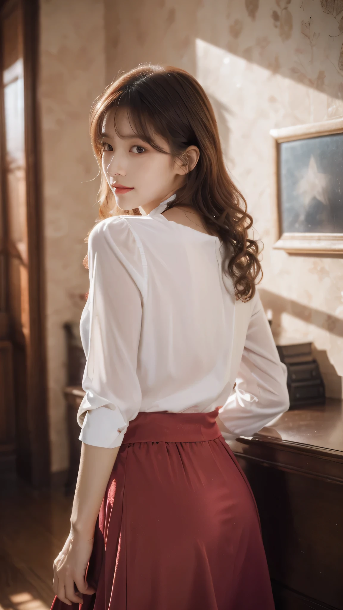 detailed background, masterpiece, best quality, 1 person , curly hair, long hair, purple eyes, star in eye , red silky Strapless blouse, long skirt