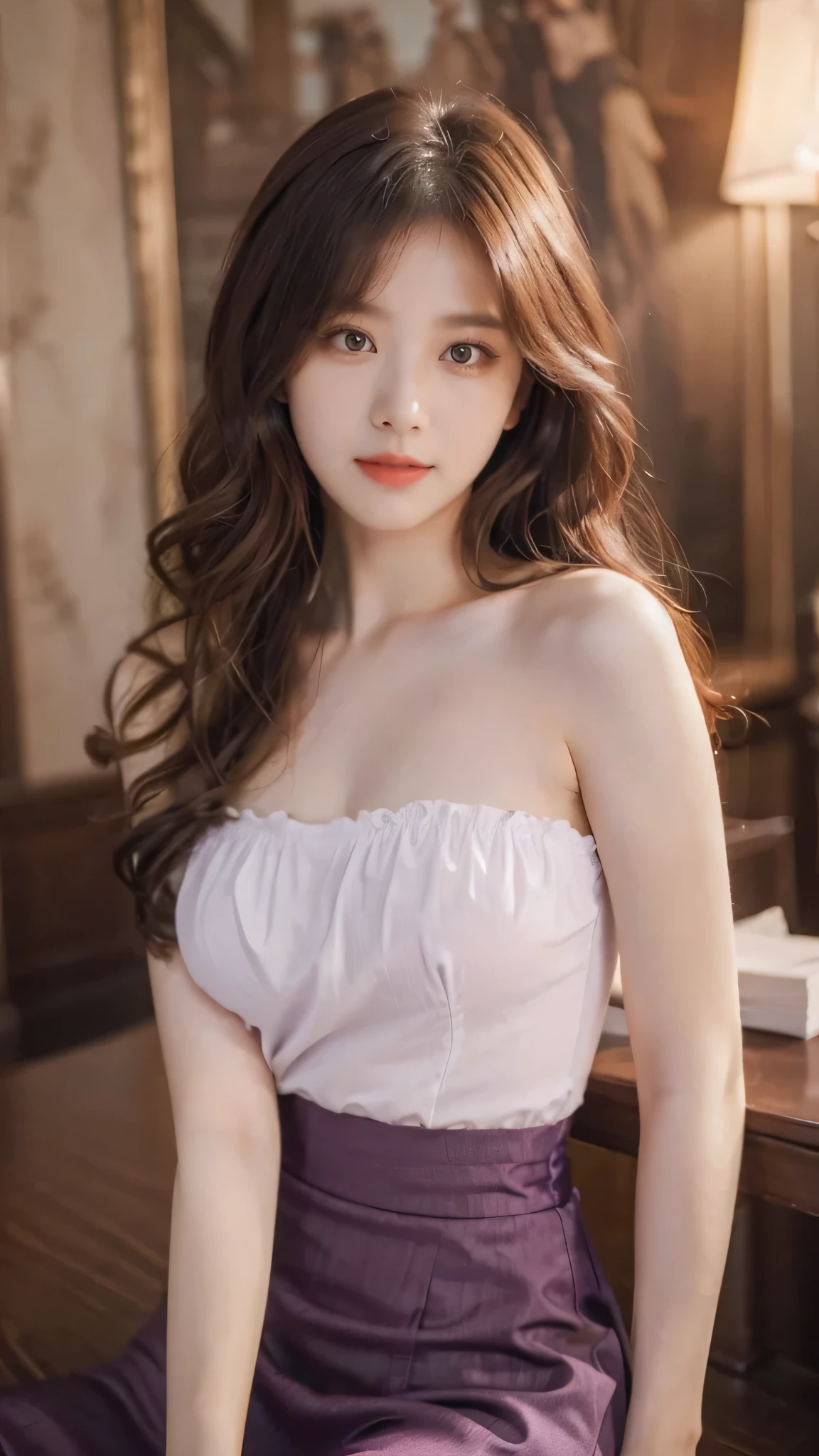 detailed background, masterpiece, best quality, 1 person , curly hair, long hair, purple eyes, star in eye , red silky Strapless blouse, long skirt