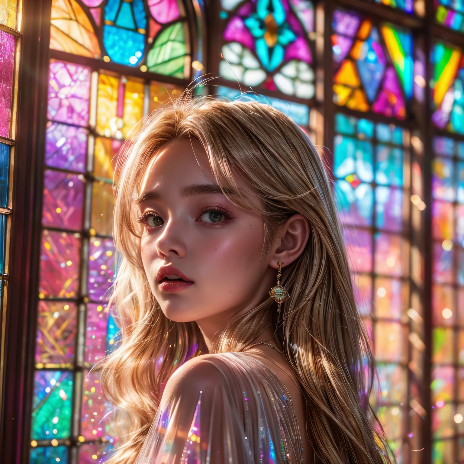 RubyRed (ZoomLayer) TopQuality 8K masterpiece of ((Professional photo)), (((Clarisse de Cagliostro))) (Detailed White WeddingDresses), Chain, (((Extremely detailed KAWAII face))) {((VeiledFace))|BlondeHair|(Elaborate BuleEyes)with(SparklingHighlights:1.28)}, The background is distant (((Elaborate stained glass))) Rainbow Glass, {(MysticSight)|EnchantingAtmosphere|Haze|(GodRays)|TyndallEffect}, Radiant PearlSkin with Transparency, (Exposed:0.39)