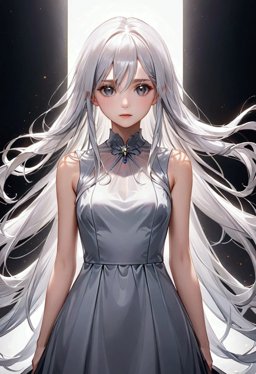 Long white hair, grey eyes, slim,elegant dress,front view, 8k, best quality, high resolution. 