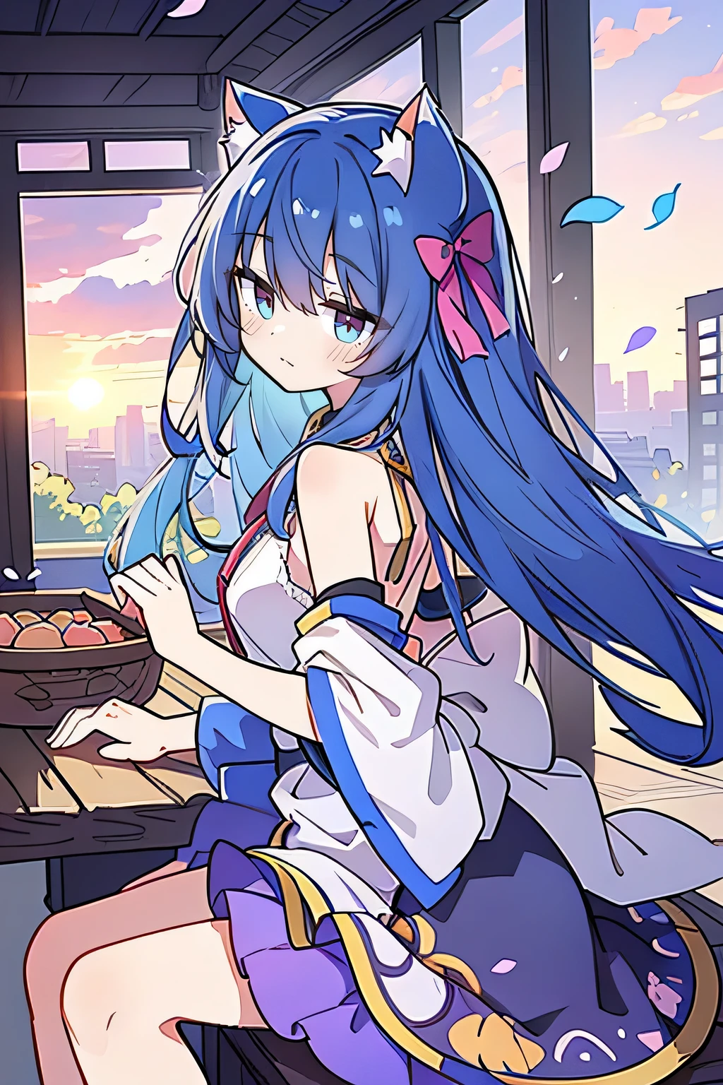 (masterpiece:1.2),Super detailed,lifelike,Expressive eyes,fair skin,perfect face shape,1 girl,
Japanese comics,Gorgeous blue hair,flowing blue hair,flowing clothes,Cat ears,Petals fall,beautiful lola,Baby Angel,
Shaking head with one hand,Cross your legs,,The pavilion is cool and comfortable,smile,back views,sunrise,Petals fall,sunrise