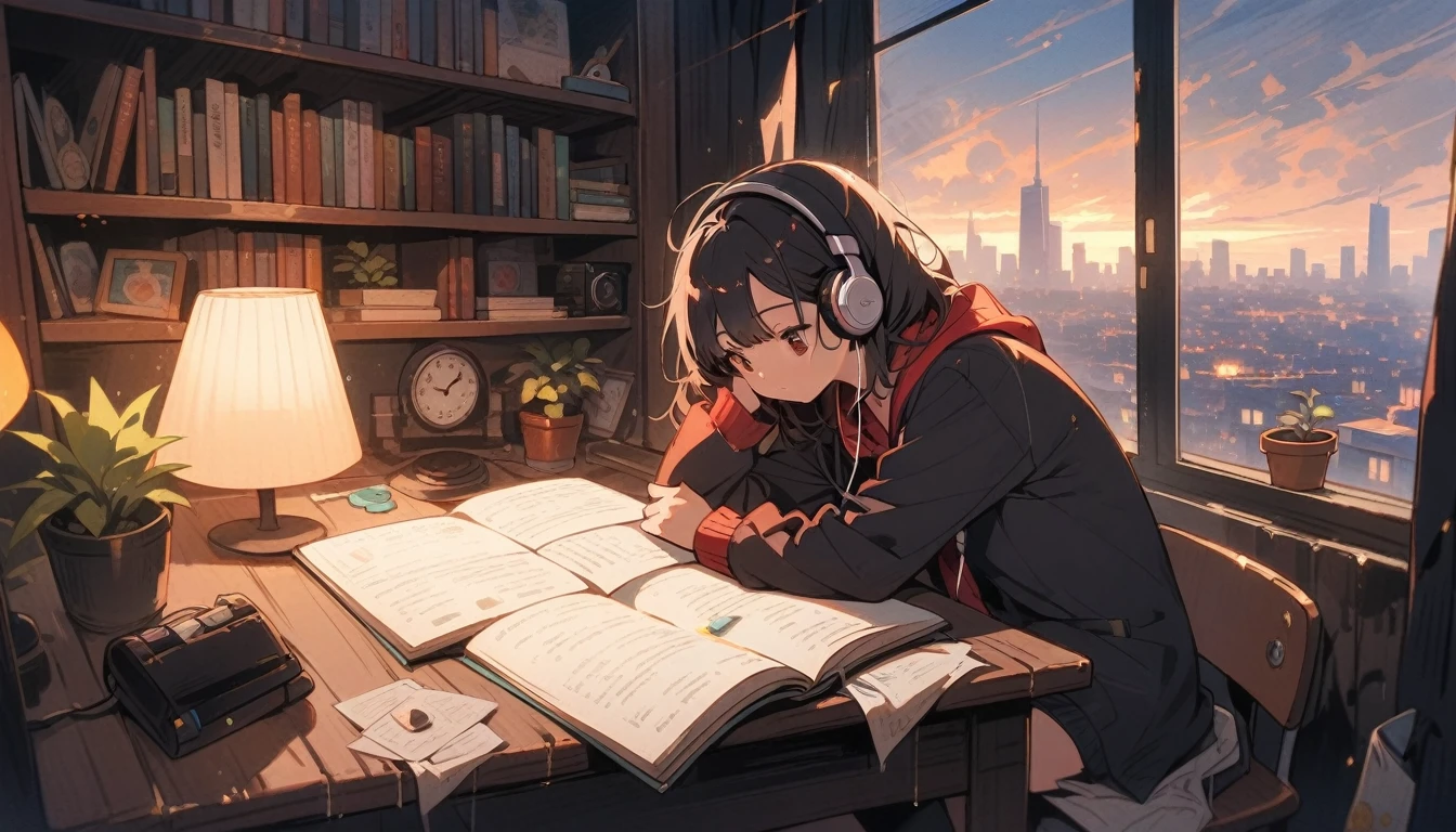 raindrops on window, steamy mug, desk lamp, scattered papers, open textbook, ticking clock, cozy blanket, headphones, potted plant, rain-streaked glass, pencil holder, notebook doodles, soft lighting, foggy cityscape, bookshelf shadows, laptop glow, crumpled drafts, half-eaten snack, window condensation, lofi beats, looking out,1girl
