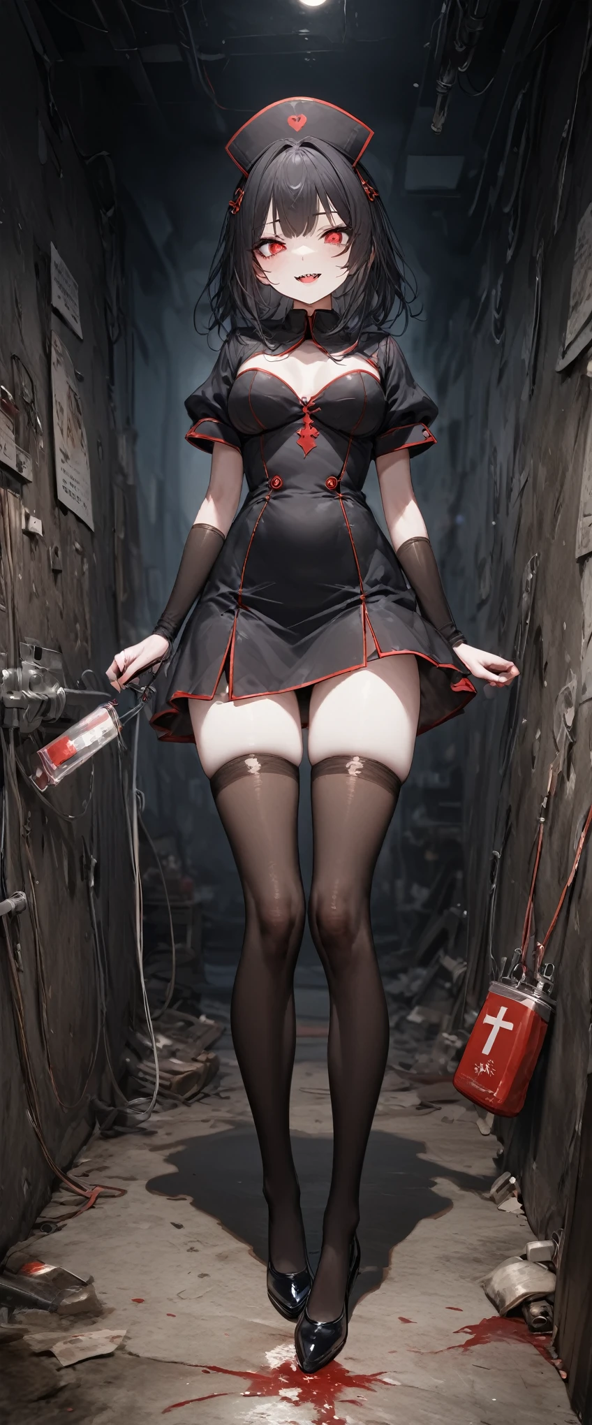 quality\(masterpiece, best quality,8k,wallpaper of extremely detailed CG unit,hight resolution,top-quality,top-quality real texture skin,hyper realisitic,increase the resolution,RAW photos,best qualtiy,highly detailed,the wallpaper\), BREAK ,1girl\(20 years old,long black hair,dark nurse,black nurse costume,black nurse hat,pantyhose,red eye,big eyes,eye shining,holding blood bag,evil,(evil smile:1.3),sharp teeth,open mouth,full body, luscious body,white skin,pale skin\), BREAK ,background\(ruined hospital,sparks of the light,very dark,dirty, messed,(in operation room:1.3),night\),dynamic angle,long shot,landscape