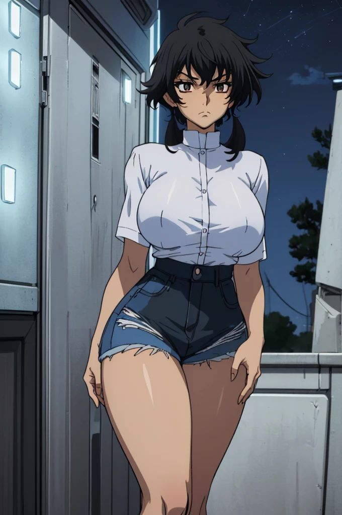 closed mouth, (), ((1girl)), ((((solo))), (((alone))), (((genderbend))), (((female))), wide hips, thick thighs, huge breast, narrst, ((blue top)), (jean mini shorts), ((anime artstyle)), long eyelashes, (long black hair), (prostitute), (((at in the dark