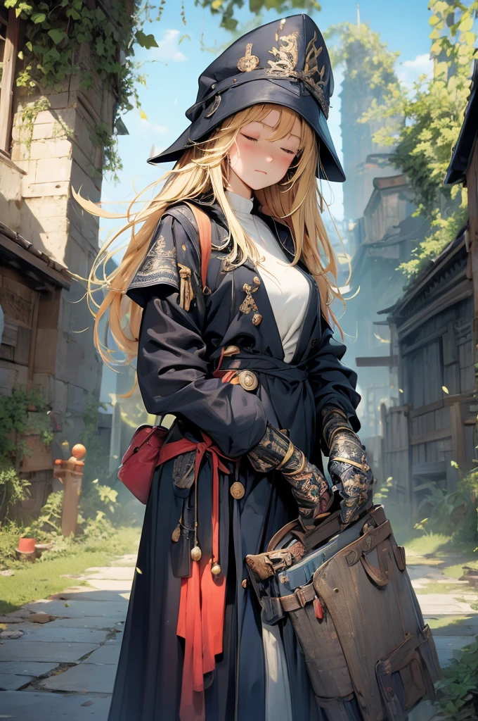 (masterpiece, best quality,ultra highres),
nun with a chainsaw, standing,closed eyes,
(nun clothes),(has large chainsaw),(16yo,detailed face,(blonde,long hair),dynamic angle,depth of field,portrait,
(front of Ruined church),clear blue-sky,