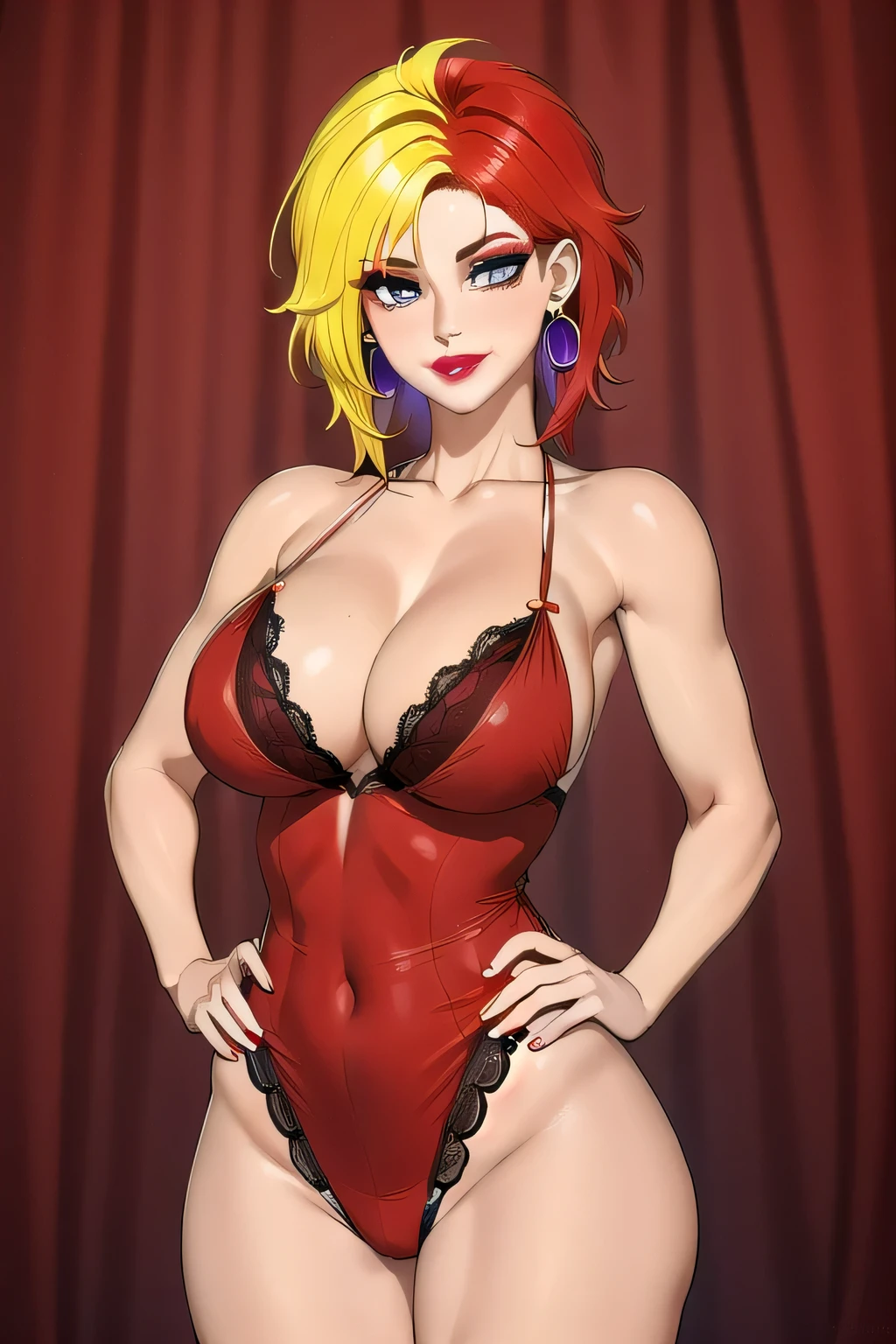 (masterpiece, highres, best quality:1.3), 8K, highly detailed, intricate, colorful, vibrant image, sharp focus, digital blending, 4K, trending on pixiv, chara soon, (lace lingerie), mature female, 40yo, milf, curvy, looking at viewer, (( multicolored hair, red hair, yellow hair)), purple lipstick, eyeshadow, makeup, gray eyes, perfect eyes, perfect face, ultra detailed hair, ultra detailed face, earrings, ultra detailed lips, smirking, large breasts, ultra detailed lipstick, cowboy shot, hand on hip