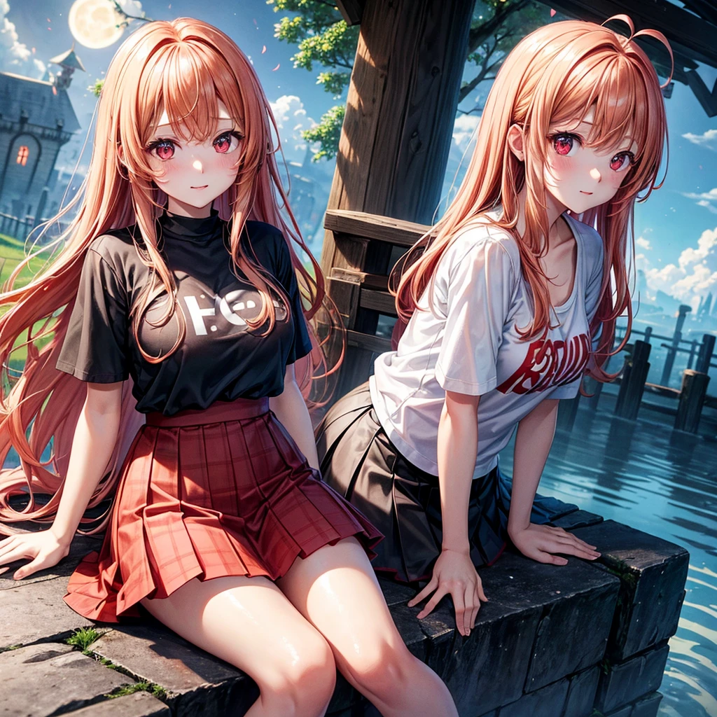 Red-blonde、Red eyes、One cute girl、solo、And soul、Light clothing、Checked mini skirt、petal、Wet hair、Sit on、black t-shirts、large tree、cloud、full moon、monster castle、lanthanum、Hell's Gate、Craft Gatekeeper、barefoot、Stones are piled up、Teeth are visible、Secret Treasure、Wooden chair、Moss grows、Fortress City、water is gushing out、Glasses on head