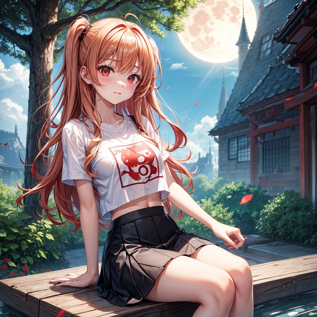 Red-blonde、Red eyes、One cute girl、solo、And soul、Light clothing、Checked mini skirt、petal、Wet hair、Sit on、black t-shirts、large tree、cloud、full moon、monster castle、lanthanum、Hell's Gate、Craft Gatekeeper、barefoot、Stones are piled up、Teeth are visible、Secret Treasure、Wooden chair、Moss grows、Fortress City、water is gushing out、Glasses on head