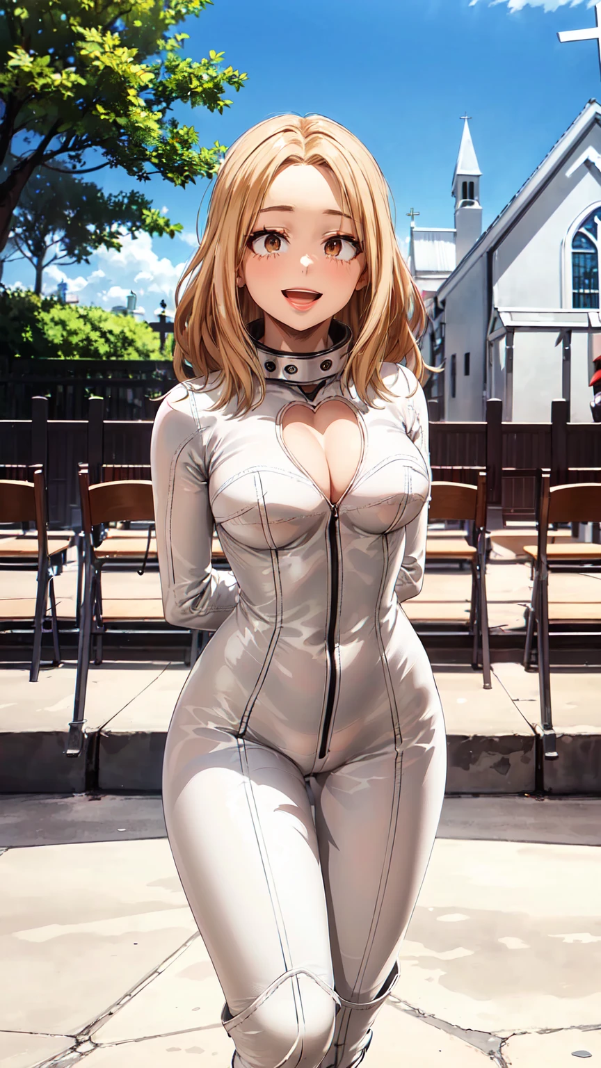 Masterpiece ,best quality , high resolution , (1 girl solo:1.38) , (camie, long hair, brown hair, brown eyes , lipstick , eyeliner) , (cleavage:1.2) , (medium breast:1.28) , ((shiny white bodysuit:1.5), (heart-shaped chest cutout:1.4), (long sleeves:1.3), (white gloves:1.2), (white knee-high boots:1.4), (belt:1.2), (heart accessories:1.3), (dramatic makeup:1.3), (very tight-fitting bodysuit:1.5), (glossy stretchy fabric:1.3), ) , (cleavage:1.15) , (big breast:1.1) , (face view , cowboy_shot) , (hands behind back , arms behind back , (tilted head , smiling , open mouth) , (outdoor , church , tree , flower , sky)