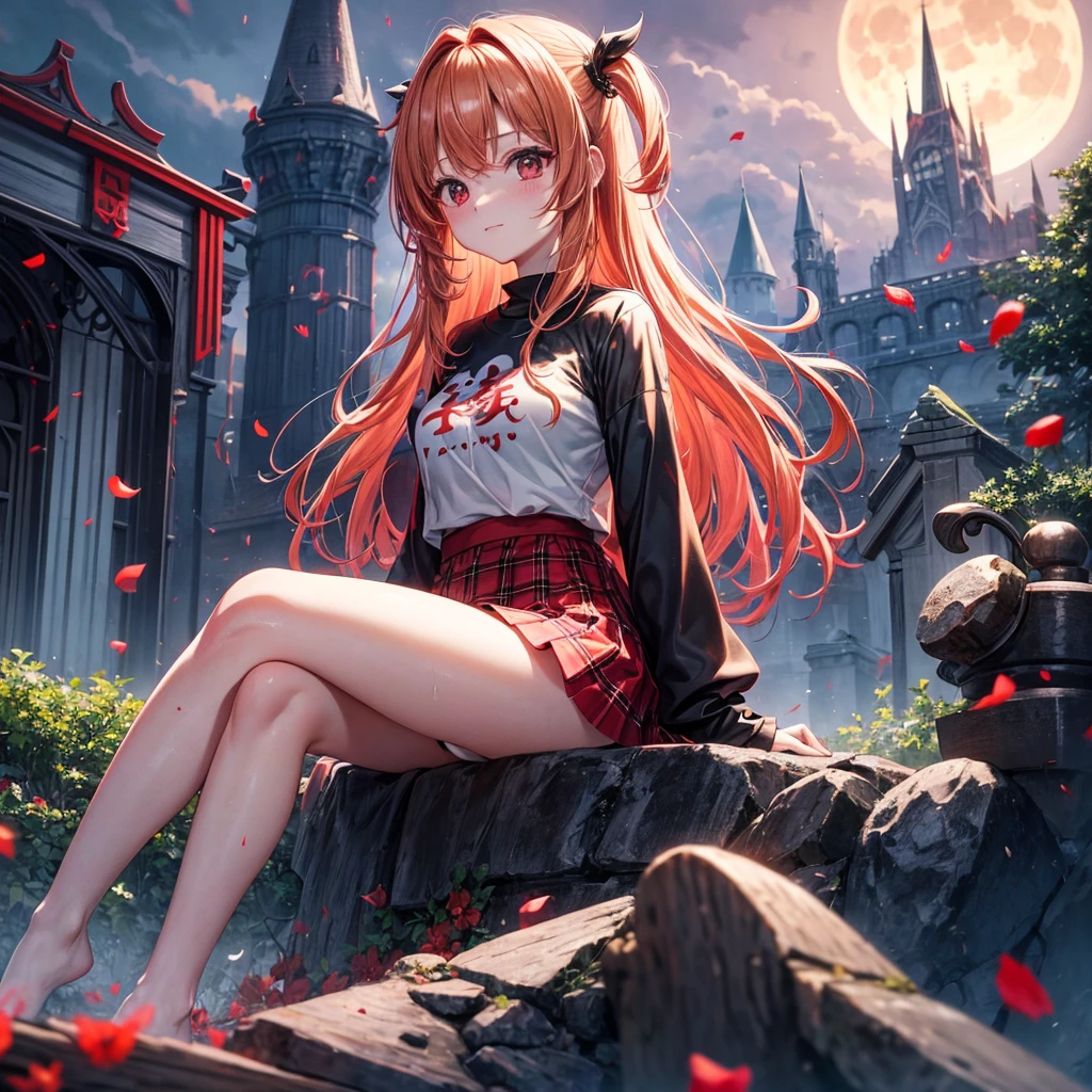 Red-blonde、Red eyes、One cute girl、solo、And soul、Light clothing、Checked mini skirt、petal、Wet hair、Sit on、black t-shirts、large tree、cloud、full moon、monster castle、lanthanum、Hell&#39;s Gate、Craft Gatekeeper、barefoot、Stones are piled up、Teeth are visible、Secret Treasure、Wooden chair、Moss grows、Fortress City、water is gushing out、Glasses on head