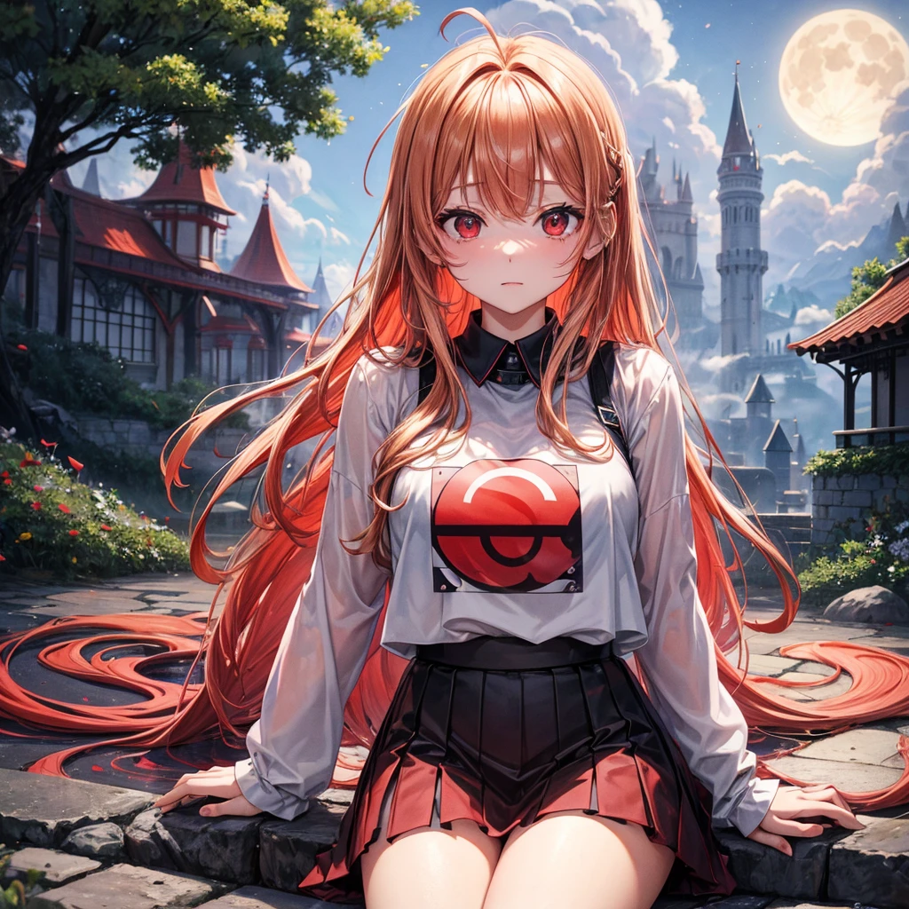Red-blonde、Red eyes、One cute girl、solo、And soul、Light clothing、Checked mini skirt、petal、Wet hair、Sit on、black t-shirts、large tree、cloud、full moon、monster castle、lanthanum、Hell&#39;s Gate、Craft Gatekeeper、barefoot、Stones are piled up、Teeth are visible、Secret Treasure、Wooden chair、Moss grows、Fortress City、water is gushing out、Glasses on head