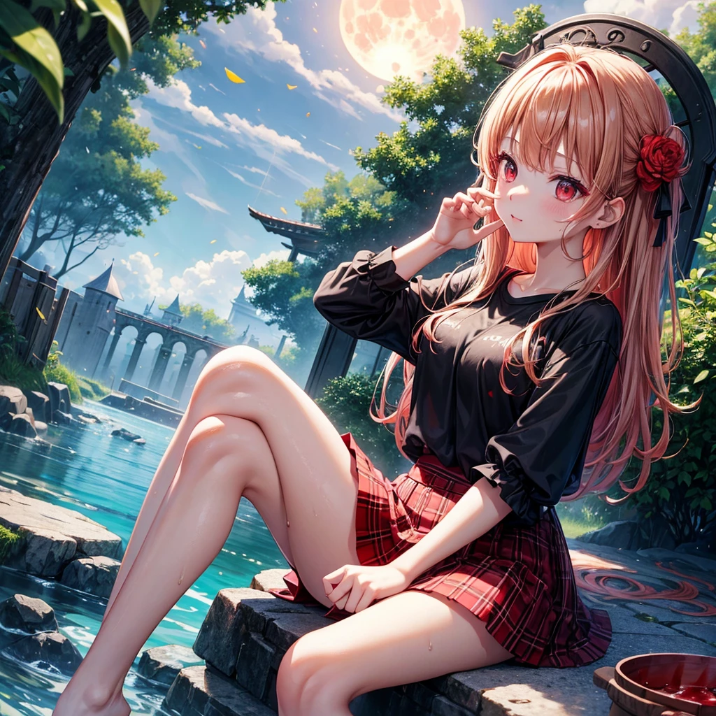 Red-blonde、Red eyes、One cute girl、solo、And soul、Light clothing、Checked mini skirt、petal、Wet hair、Sit on、black t-shirts、large tree、cloud、full moon、monster castle、lanthanum、Hell's Gate、Craft Gatekeeper、barefoot、Stones are piled up、Teeth are visible、Secret Treasure、Wooden chair、Moss grows、Fortress City、water is gushing out、Glasses on head