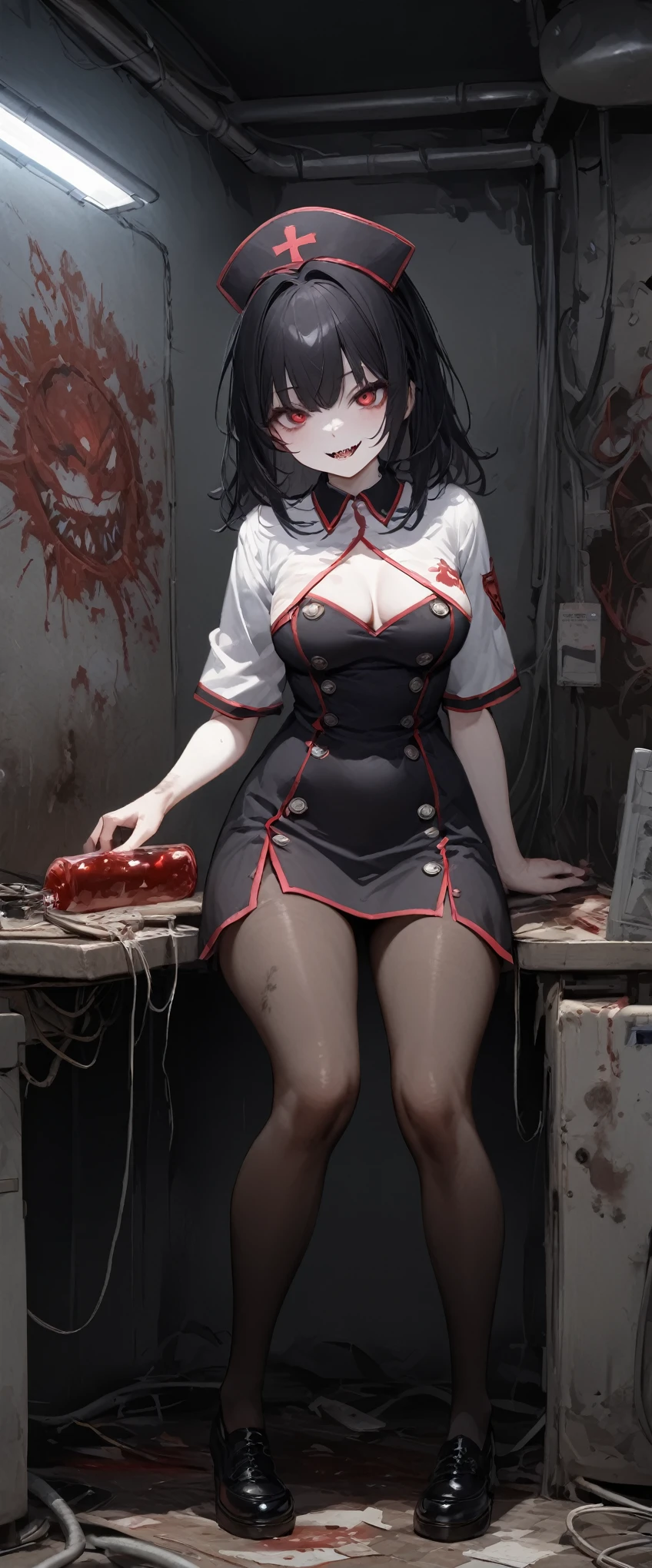 quality\(masterpiece, best quality,8k,wallpaper of extremely detailed CG unit,hight resolution,top-quality,top-quality real texture skin,hyper realisitic,increase the resolution,RAW photos,best qualtiy,highly detailed,the wallpaper\), BREAK ,1girl\(20 years old,long black hair,dark nurse,black nurse costume,black nurse hat,pantyhose,red eye,big eyes,eye shining,holding blood bag,evil,(evil smile:1.3),sharp teeth,open mouth,full body, luscious body,white skin,pale skin\), BREAK ,background\(ruined hospital,sparks of the electric,(very dark:1.5),dirty, messed,(in operation room:1.3),night\),dynamic angle,long shot,landscape