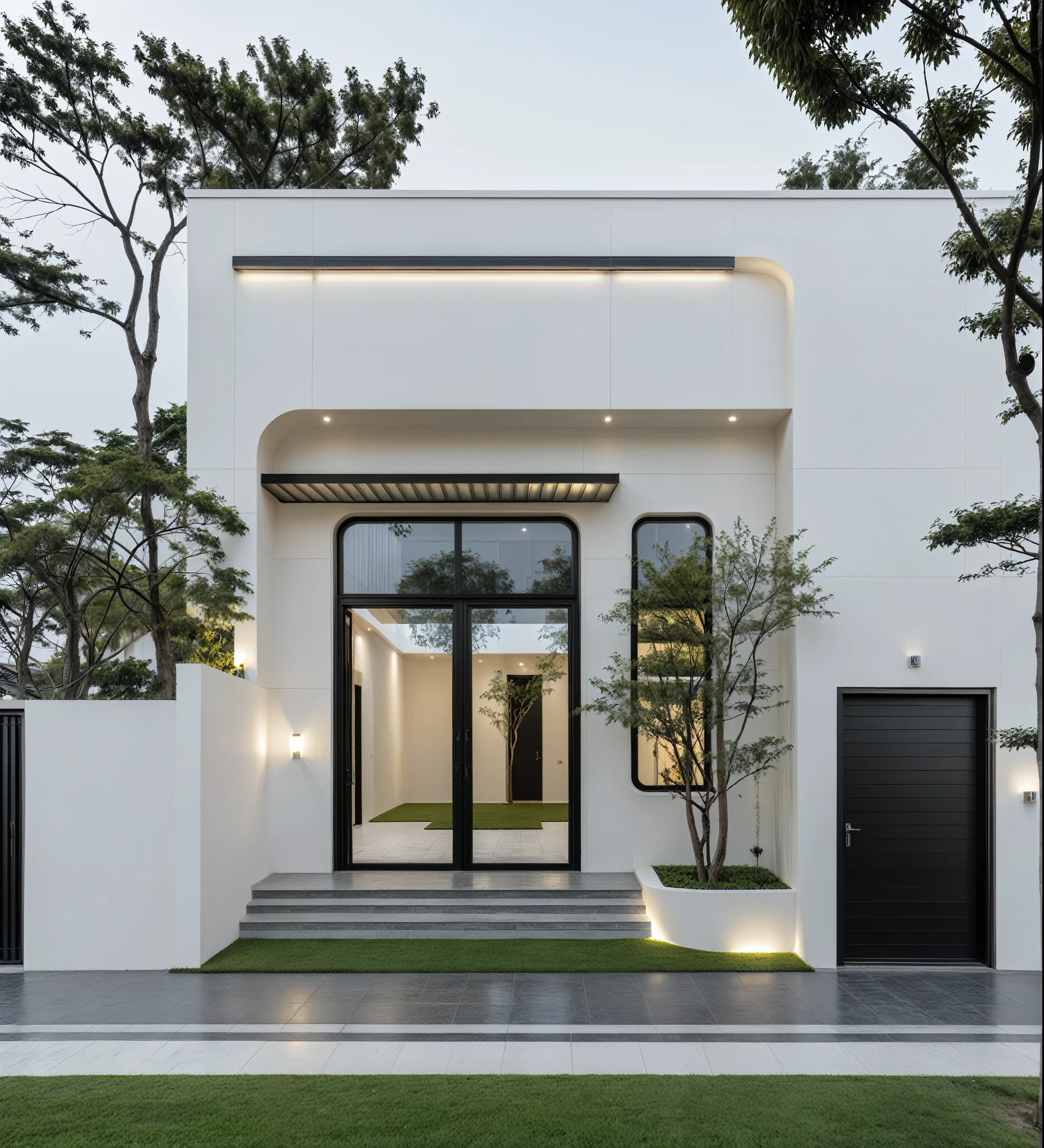 RAW photo, a photo of a modern house, (curvilinear archrchitecture:1.4), Wabisabi style rounded wall, white wall, steel black gate, sidewalk, sidewalk trees, ((grey gate:1.2)), road, viet nam modern residence, ((architectural shot)), rough white wall, new residential area, wide angle exterior 2022, contemporary house, exterior photography, masterpiece, contemporary architecture, overcast, indirect lighting