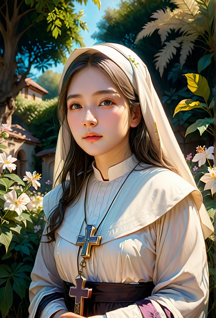 1girl, nun, dark robes, holy cross, serene expression, peaceful garden, soft sunlight, quiet atmosphere, sacred surroundings, (best quality, 4k, 8k, highres, masterpiece:1.2), ultra-detailed, painting-like, soft pastel colors, gentle lighting, aesthetic