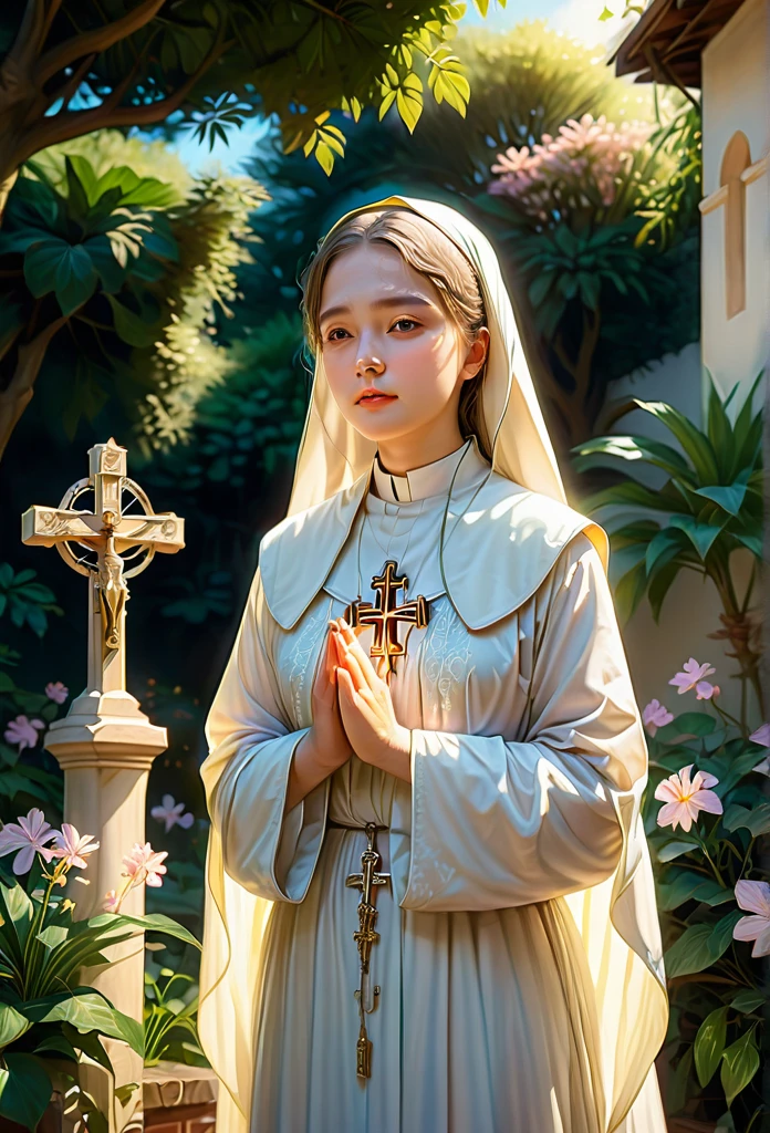 1girl, nun, dark robes, holy cross, serene expression, peaceful garden, soft sunlight, quiet atmosphere, sacred surroundings, (best quality, 4k, 8k, highres, masterpiece:1.2), ultra-detailed, painting-like, soft pastel colors, gentle lighting, aesthetic