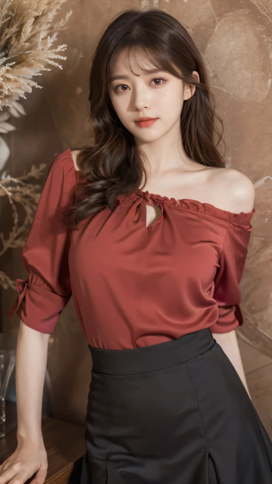 detailed background, masterpiece, best quality, 1 person , curly hair, long hair, purple eyes, star in eye , red silky Strapless blouse, long skirt