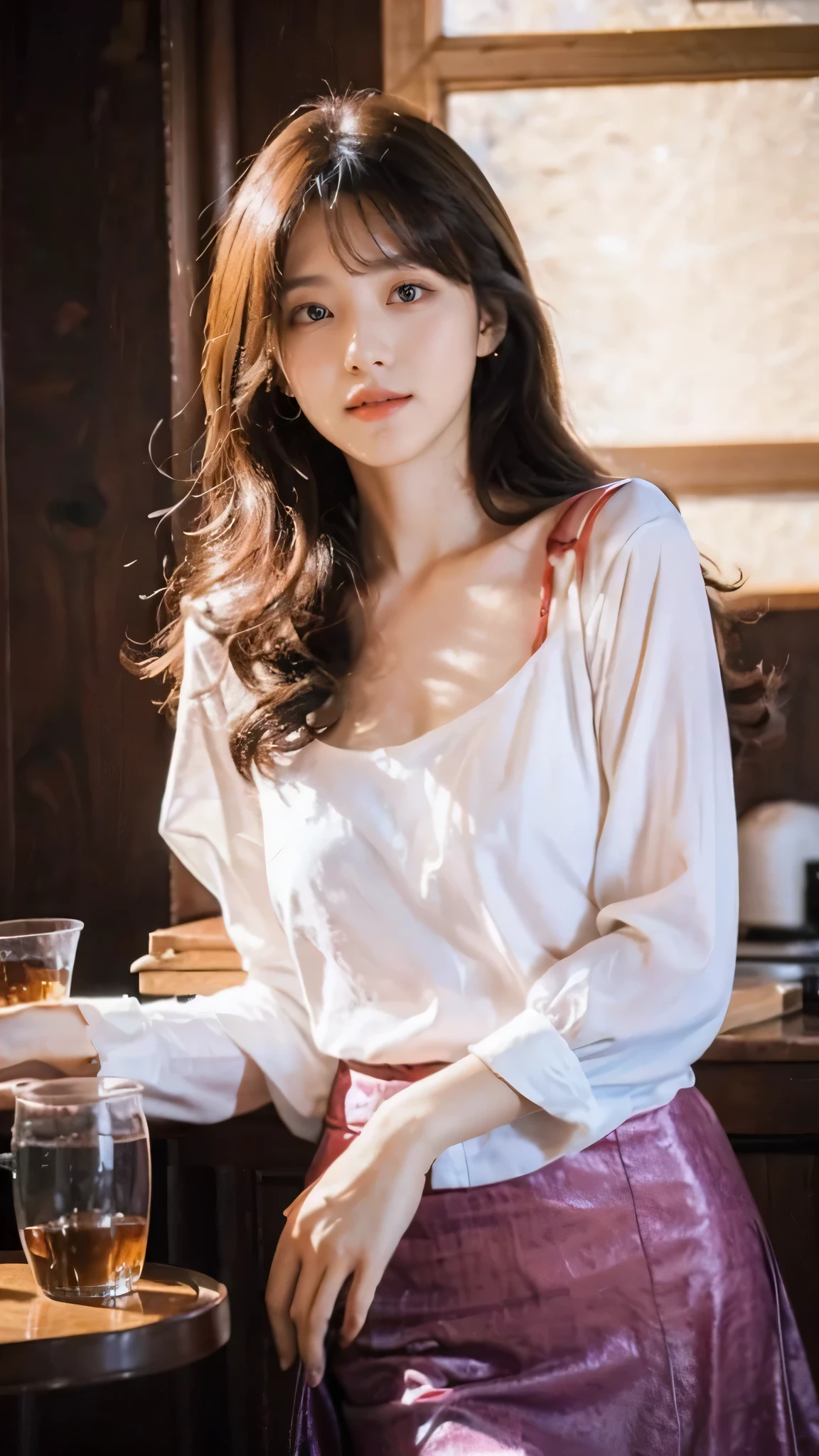 detailed background, masterpiece, best quality, 1 person , curly hair, long hair, purple eyes, star in eye ,  red silky Strapless blouse, long  skirt