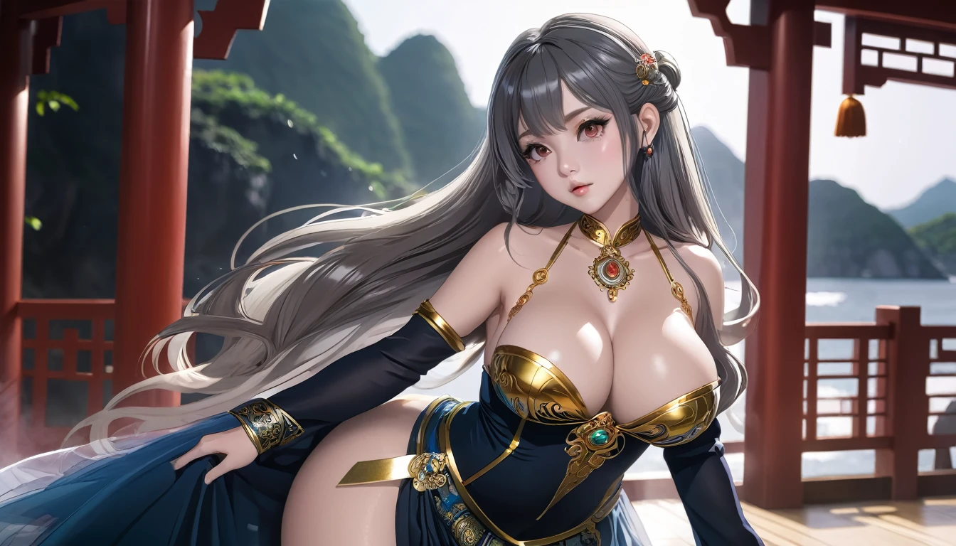 穿着华服的神明Strike a pose拍照, Ancient mysterious sexy goddess, Traditional beauty woman, Beautiful female warrior god of war , Beautiful sexy goddess, Gorgeous role-playing, high, Beautiful young girl, Beautiful woman, 华丽Beautiful woman, Complex clothing,Chinese Mystical Aesthetics, Beautiful Asian ancient mysterious girl, Extremely detailed shot of the goddess, Jaw-dropping sexy beauty, Big breasts deep neckline sexy belly button(butt), (bedroom), (Sexy Girls), masterpiece, best quality, Bangs, blush, Chest, clavicle, Eyebrows visible through hair, (Gradient red and gold hair), Jewelry, Long hair,Bright Eyes, ring, (solitary), illustration, fashionable, miss, Strike a pose, background, element, confident, Express, Accessories, majestic, striking, key point, Dynamic poses, ((plump)), (black))Woman in transparent dress,Viewer,(((Full breasts, Keeley University))),Slim waist,(Navel exposed,Bare waist), Long hair, extreme detailed details, Detailed fantasy art, Stunning character art, Beautiful and exquisite character art, Beautiful transparent dress, Very detailed, Large Breasts,饱满Chest,Golden ratio figure,Perfect body,Ultra wide-angle shooting,Full body shot拍摄,Body close-up,Full body shot,Wearing a pleated tulle skirt,柔和动漫illustration, 柔和的深色background,Fujifilm XT3 Clear focus, f 5.6, High Detail, Clear focus,(Wearing openwork clothing),, (Natural light), (Tempting)translucent, Good velvet quality, Compared, Divine Light,, Silver hair, 天空background, Absolute Strength,Female Shinmei,穿着性感丝绸的Female Shinmei,,Large Breasts,饱满Chest,Golden ratio figure,Perfect body,Ultra wide-angle shooting,Full body shot,Body close-up,Full body shot, Wearing a tulle dress, Model shooting style, Large Breasts,饱满Chest,Golden ratio figure,Perfect body,(Extremely detailed CG 8k wallpaper unit), The most beautiful artistic photos in the world, , 8K Ultra HD, ) on the beach,Sexy lazy posture,Sexy seductive expression,best quality,masterpiece,Ultra-high resolution,(Practical:1.4),original photo,Ultra-high resolution