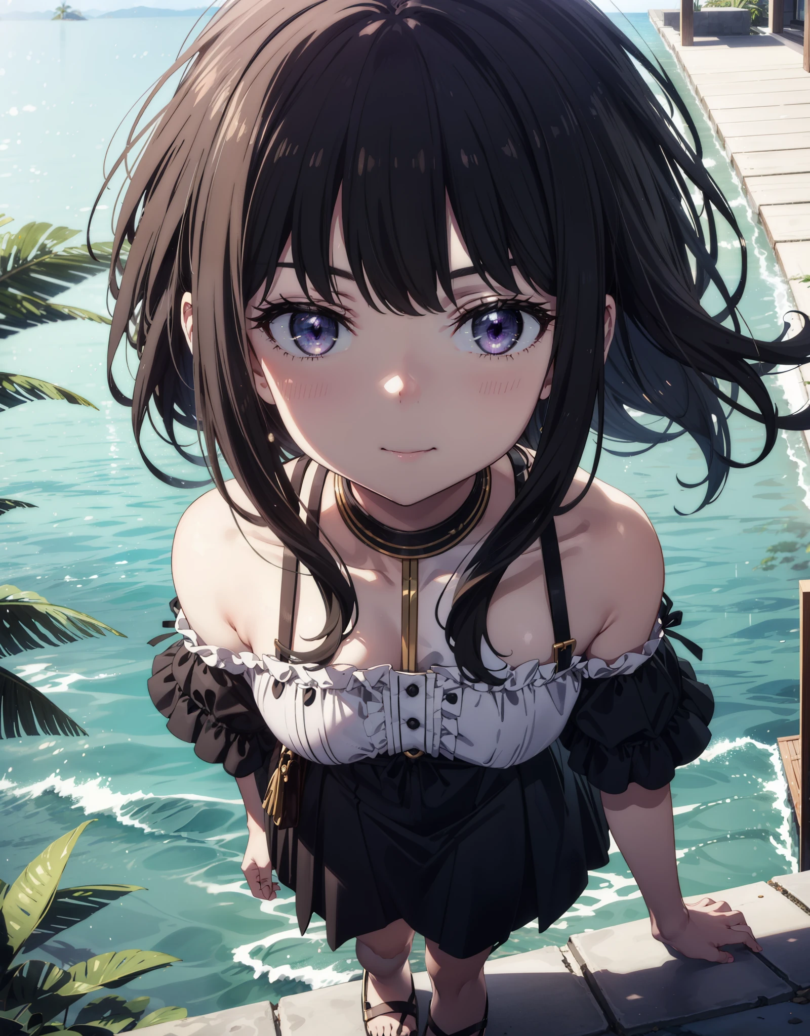 Takiuchikami, Long Hair, bangs, Black Hair, (Purple eyes:1.2),Blue off-shoulder dress,Long skirt,Heeled Sandals,Daytime,sunny,Palm tree,Walking,smile,Shut your mouth.,blush,whole bodyがイラストに入るように,
break outdoors, tropical,Coastal Road,
break looking at viewer, whole body,
break (masterpiece:1.2), Highest quality, High resolution, unity 8k wallpaper, (shape:0.8), (Beautiful attention to detail:1.6), Highly detailed face, Perfect lighting, Extremely detailed CG, (Perfect hands, Perfect Anatomy),