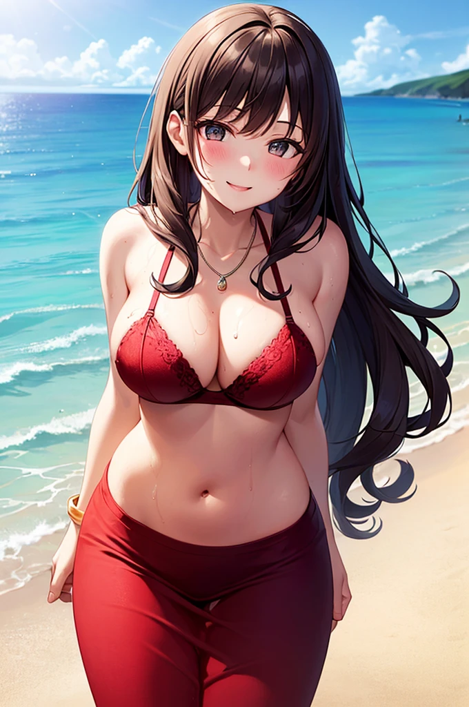 ((masterpiece, best quality, ultra-detailed)), 1girl, beautiful woman on the beach, smiling, blush, wearing beach bra and maxi pencil skirt, long pencil skirt, necklace, bracelet, wavy red hair, leaning forward, wet, summer, beach