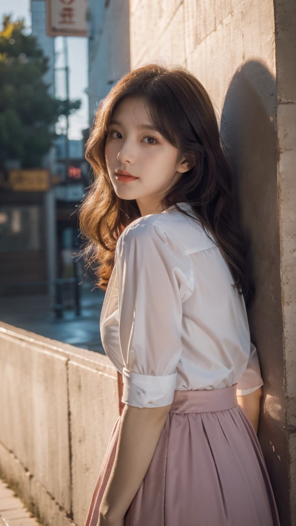detailed background, masterpiece, best quality, 1 person , curly hair, long hair, purple eyes, star in eye ,  red silky Strapless blouse, long  skirt, sunlight and shadow, Golden hour 