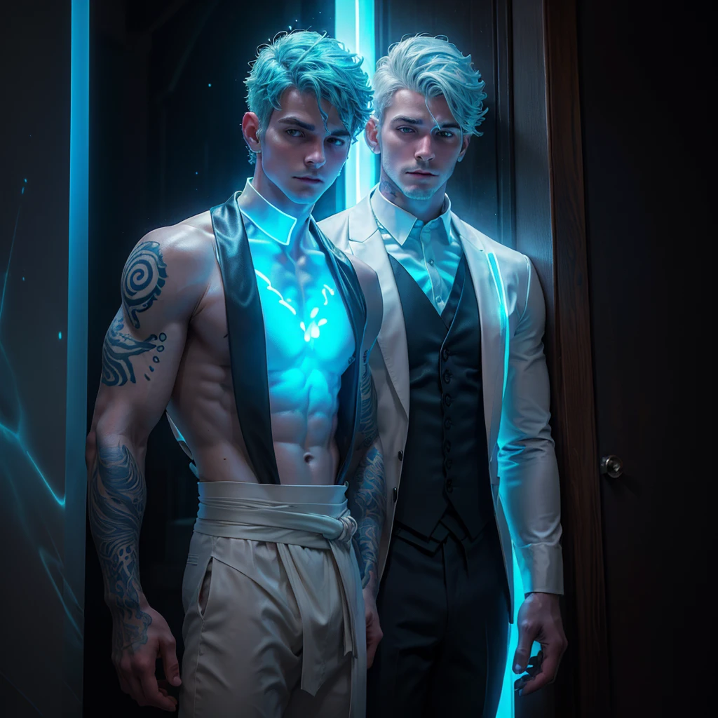 ((jewel_light element)), (  man body_wearing a  blue toxedo groomsmen attire s:1.3), (man made of lightblue light: 1.2,  wavy blue hairstyle with delicate features and light:1.3), (minimalism: 0.5), (Frontal close-up angle above the waist: 1.3), 4K, HDR, acid graphics, fantasy work, [Detailed and vivid faces: 0.33], (white  glowing  blue hair: 1.3),,Silhouette outline  in toxedo handsome man, Understated elegance .. A calm and dignified atmosphere provides a subtle sense of luxury... gray smooth texture, stylish pose, fluorescent, glowing tattoo, bioluminescent tattoo, glowing pattern. A man Wearing blue toxedo