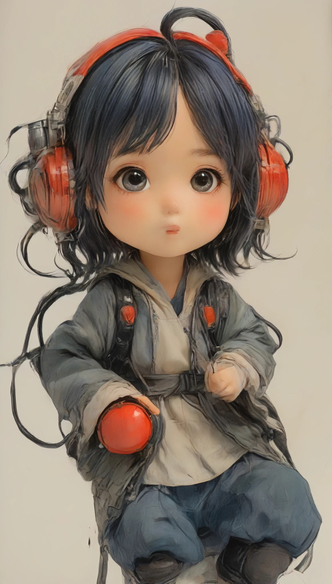 The Style of Kawanabe Kyosai、Little、Big Face、Big eyes、Girl、Black Hair、Headphones、Power Suit、cyber-、Simple Background