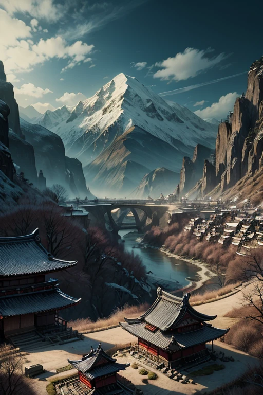 A samurai village in the middle of a valley stands tall amidst dark mountains.