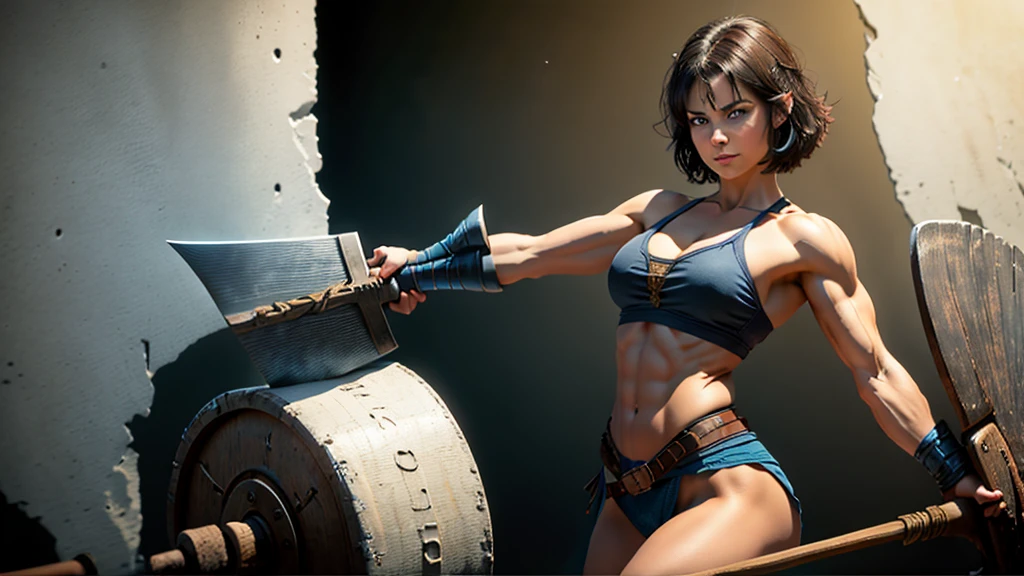 A short dark haired Viking warrior woman with an ax. blue colored eyes, bow on the back, body of a slim bodybuilder. realistic taken with a Nikon d850, Waist slender, toned thighs, shapely butt