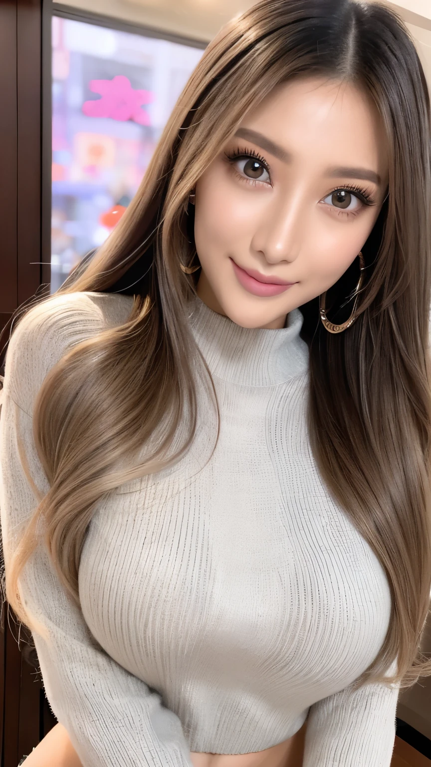 (Cowboy Shot、Highest quality、8k、Award-winning works、Ultra-high resolution)、One beautiful woman、(Perfect, The most natural grey long sleeve sweater:1.1)、(blonde:1.1)、Bright color contacts、Perfect Makeup、Bright and shiny lipstick、(Very heavy makeup:1.2)、(Deep pink around the eyes:1.1)、Beautiful bright eyeshadow、Heavy makeup around the eyes、(Big Breasts:1.2)、Wavy semi-long hair、(Romantic affection:1.1)、The best smile when he sees me、(Many of them emphasize the body line..:1.1)、(Strongly blurred vibrant Harajuku city background:1.1)、(Strongly blurred background:1.1)、Accurate anatomy、Ultra HD Hair、(Ultra-high resolutionの完璧な美しい歯:1.1)、Ultra-high definition beauty face、Ultra HD Hair、Ultra HD Shining Eyes、輝くUltra-high resolutionの美肌、Ultra-high resolutionの艶やかな唇