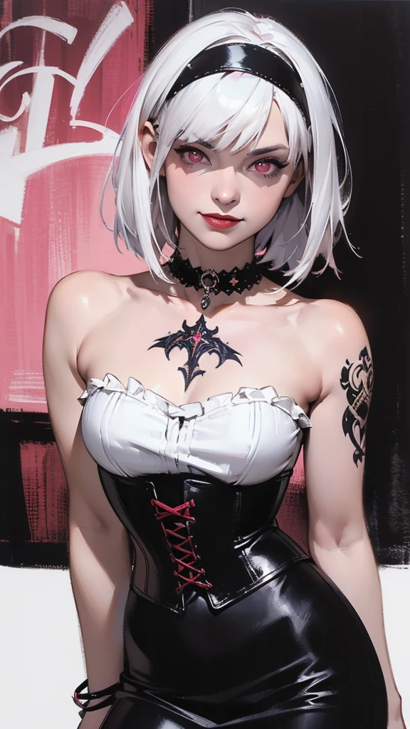 one girl is a vampire, scarlet eyes, fangs, serious face, (short hair : silver roots, black tips), poster, anime, ultra quality, small parts,