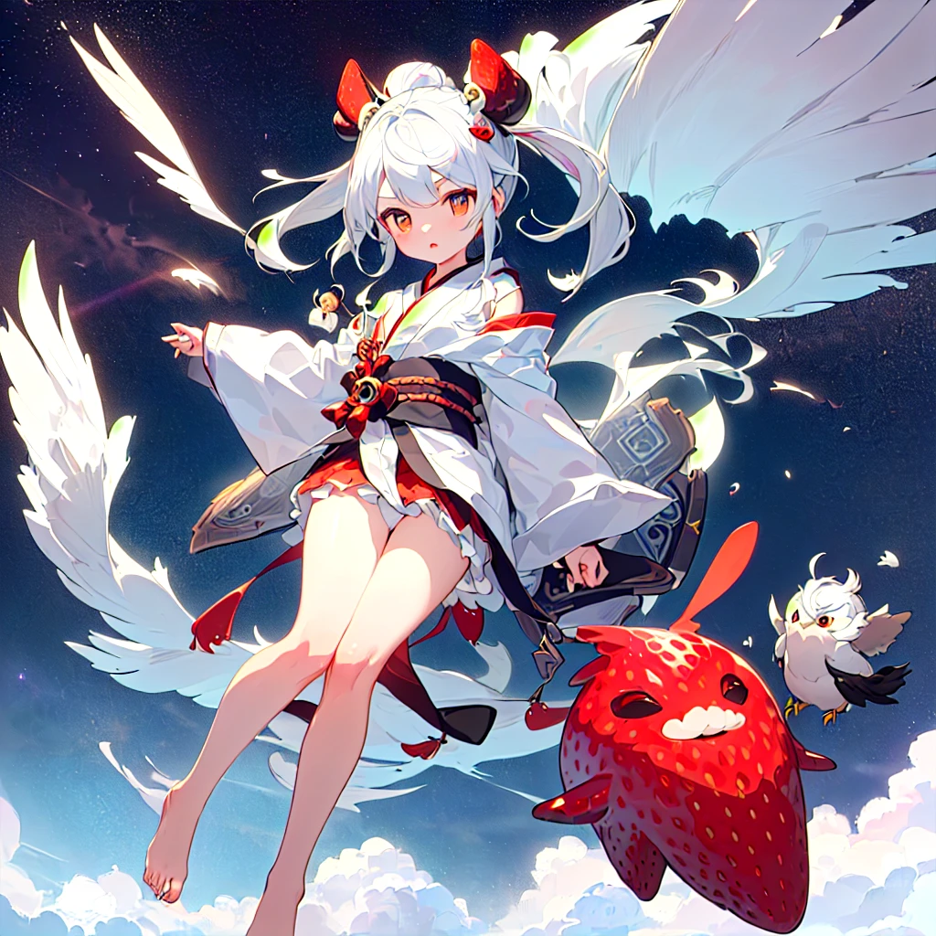 ((Little, Miniature, Genuine, strawberry, 3DCG, 1 girl: 1.3)), (masterpiece, Almond-shaped eyes, Shiny white-blue hair, Short bun hairstyle, Highest quality, Carefully drawn fingertips and toes, Warm clothes, Smooth and beautiful skin: 1.3), (Red cheeks, Fluffy clothes, Indifference, Expressionless,whole body,: 1.2), (In Little Tengu's daily life, He is enjoying the view as he flies through the sky on his tiny wings.. One of them soars high into the sky、Flying through the clouds. The other Little Tengu are having fun creating tornadoes in the wind. The vastness of the sky々Add color to your life.:1.2),(Little天狗の羽,night:1.3)
