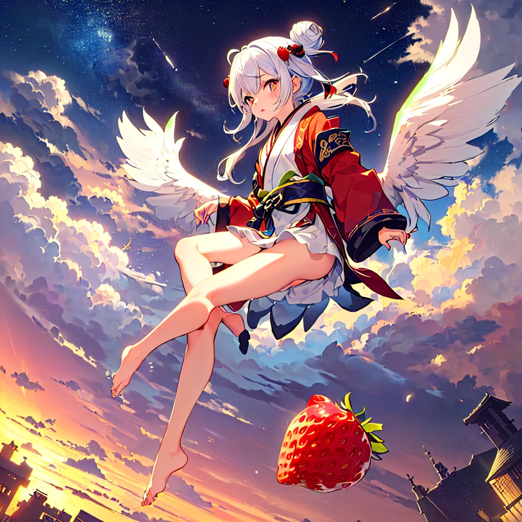 ((Little, Miniature, Genuine, strawberry, 3DCG, 1 girl: 1.3)), (masterpiece, Almond-shaped eyes, Shiny white-blue hair, Short bun hairstyle, Highest quality, Carefully drawn fingertips and toes, Warm clothes, Smooth and beautiful skin: 1.3), (Red cheeks, Fluffy clothes, Indifference, Expressionless,whole body,: 1.2), (In Little Tengu's daily life, He is enjoying the view as he flies through the sky on his tiny wings.. One of them soars high into the sky、Flying through the clouds. The other Little Tengu are having fun creating tornadoes in the wind. The vastness of the sky々Add color to your life.:1.2),(Little天狗の羽,night:1.3)