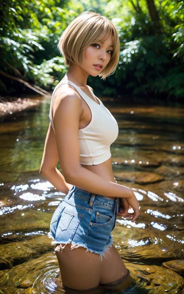 ass, gyaru, dark-skinned, shiny oiled skin, blond hair, short cut hair, wearing white tank-top, wearing denim Shorts, standing in the river side, deep forest, sunshine, at summer, cinematic lighting, in the summer