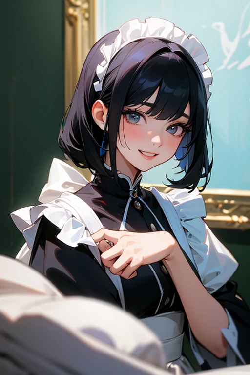 (Highest Resolution, clear_image) Highest quality, single, One woman, alone, masterpiece, Very detailed, Semi-realistic, Black Hairのショートヘア, Black Hair, bangs, 18-year-old, mature, Light blue , Indoor Background, kind, Authoritative, Powerful, exquisite features, exquisite features、Eyelashes become longer、Showing teeth、smile😀、Maid clothes、woman&#39;Fingers in the、Sleeping on the sofa、Long Hair、Fluttering in the wind、((Off-the-shoulder clothing))