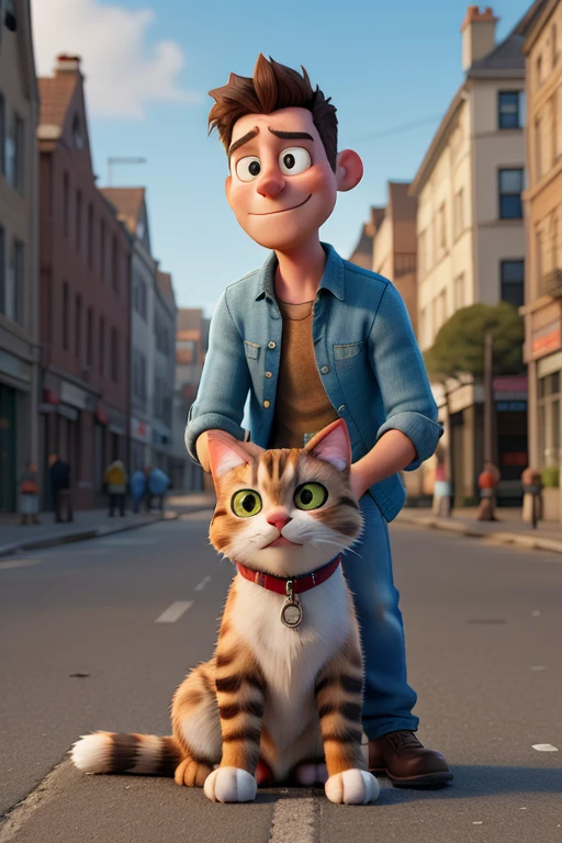 an adult brunnet man finds a hurt cat (needs to be very hurt) in the street
