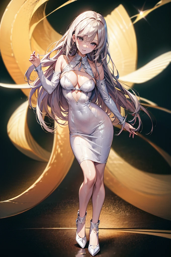 (masterpiece, high resolution, best quality,highres:1.5), CG, illustration, delicate face, cute face, shiny hair, shiny skin, kawaii, sparkling pupils, shiny enamel suit, white latex, pencil skirt, looking back, silver hair, BREAK black eyes, full body