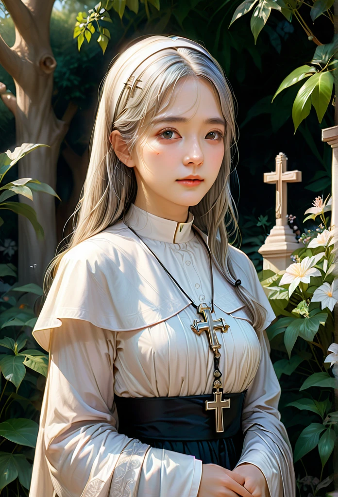1girl, nun, dark robes, holy cross, serene expression, peaceful garden, soft sunlight, quiet atmosphere, sacred surroundings, (best quality, 4K, 8k, highres, masterpiece:1.2), ultra-detailed, painting-like, soft pastel colors, gentle lighting, aesthetic、Silver Hair