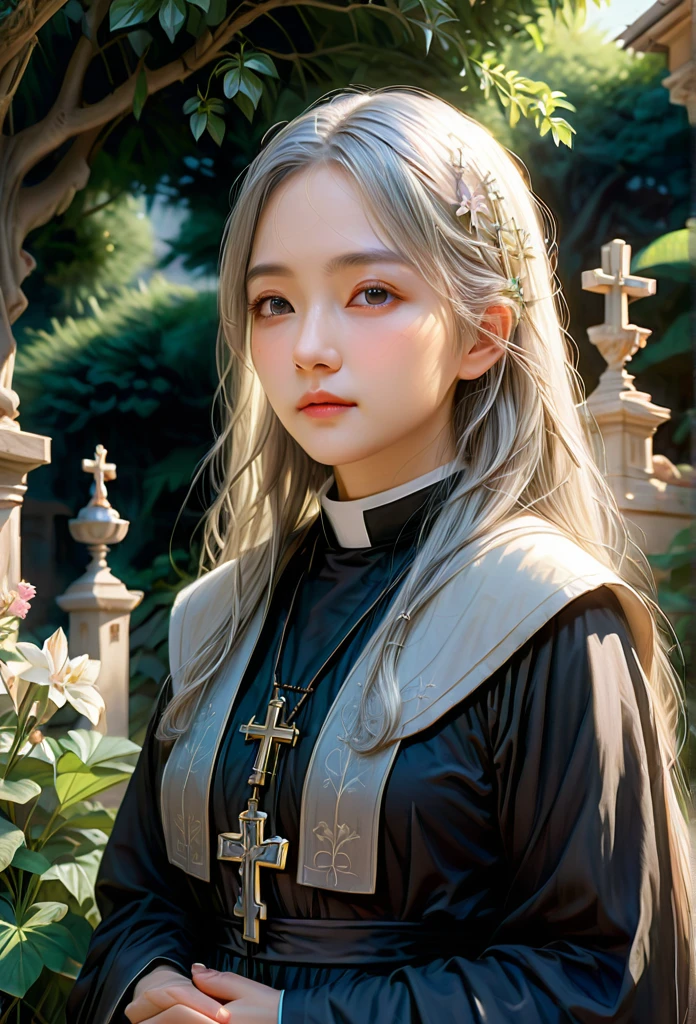 1girl, nun, dark robes, holy cross, serene expression, peaceful garden, soft sunlight, quiet atmosphere, sacred surroundings, (best quality, 4K, 8k, highres, masterpiece:1.2), ultra-detailed, painting-like, soft pastel colors, gentle lighting, aesthetic、Silver Hair